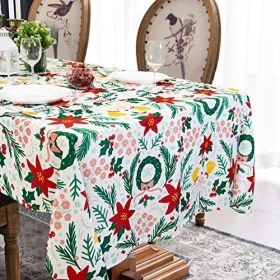 Muwago Winter Holiday Christmas Tablecloth, Red Flowers Wreath Bells Table Cloth, Durable Table Cover for Xmas/Dinner Party Decoration