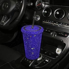 Simple Stylish With Lid Plastic Hot Drilling Drink Cup With Straw (Option: Blue Rhinestone)