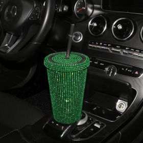 Simple Stylish With Lid Plastic Hot Drilling Drink Cup With Straw (Option: Green Rhinestone)