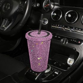 Simple Stylish With Lid Plastic Hot Drilling Drink Cup With Straw (Option: Pink Rhinestone)