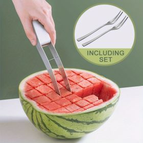 1pc Watermelon Cutter Slicer, Stainless Steel Watermelon Cube Cutter Quickly Safe Watermelon Knife, Fun Fruit Salad Melon Cutter For Kitchen Gadget (Items: Watermelon Slicer With 2 Forks)
