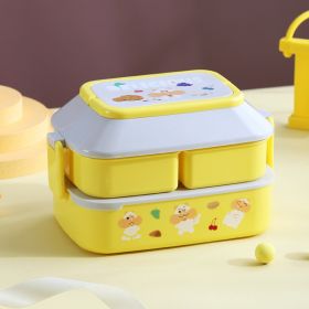 Lunch Box Bento Box For School Kids Worker Microwave Dinnerware Food Storage Container Portable Tableware Double Layer Lunchbox (Color: Yellow Grey L)
