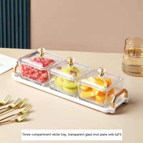 Dried Fruit Tray Living Room Home Glass Fruit Snack Dish Grid Candy Plate